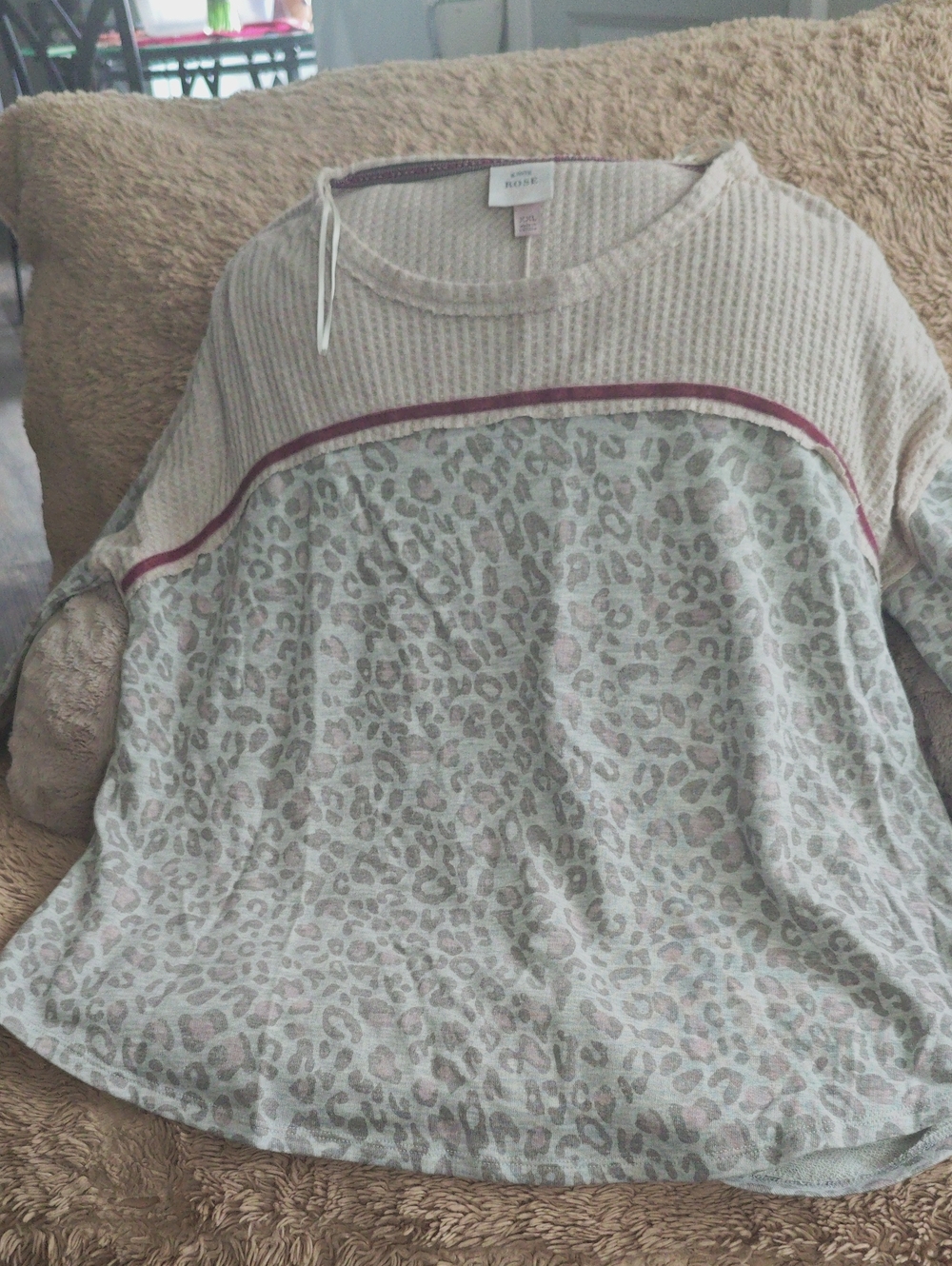 Knox Rose Cream and Pink Leopard Print Waffle Knit Top